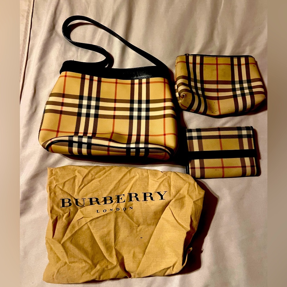 Burberry Beige and Black Check Bag Set